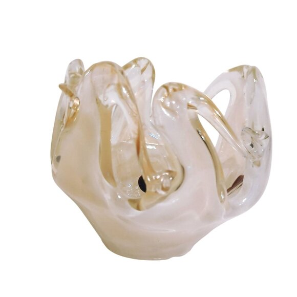 Mid-Century Hand-Blown Art Glass Bowl Wavy Handkerchief Rim Amber Murano-Style - Picture 3 of 5